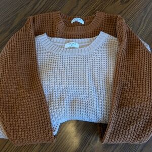 Zenana Outfitters Waffle Knit Crewneck Sweater - Chestnut and Cream